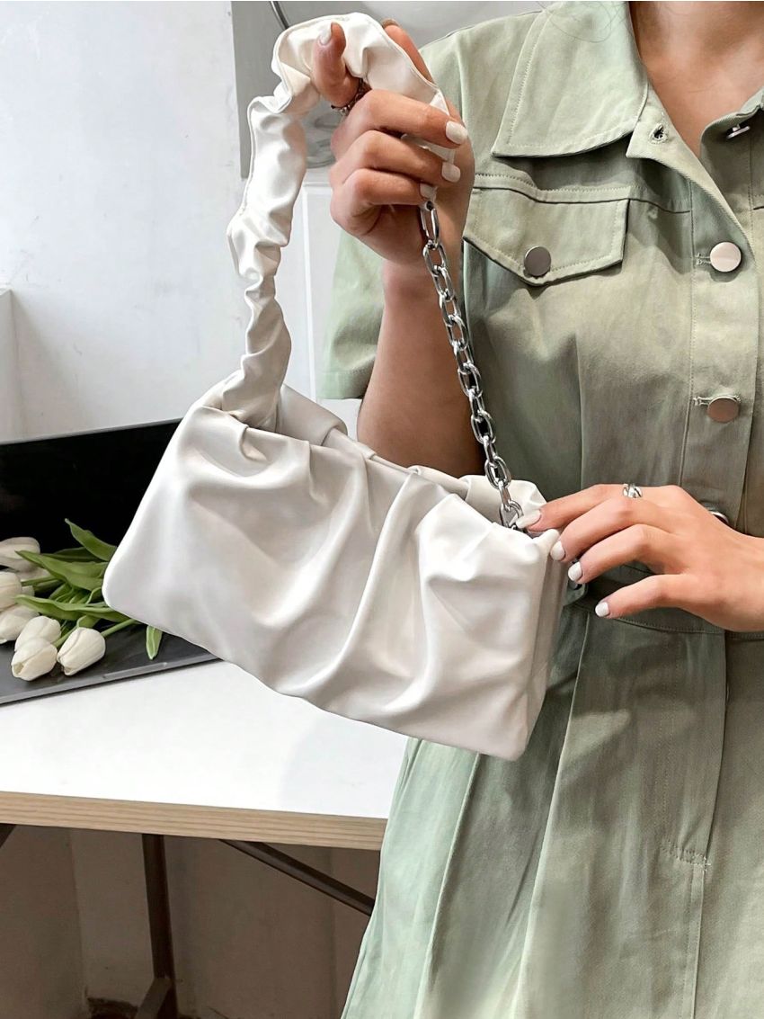 Solid Color Cloud Pleated Handbag For Women PU Bag Leisure Underarm Bag Shopping Shoulder Bag