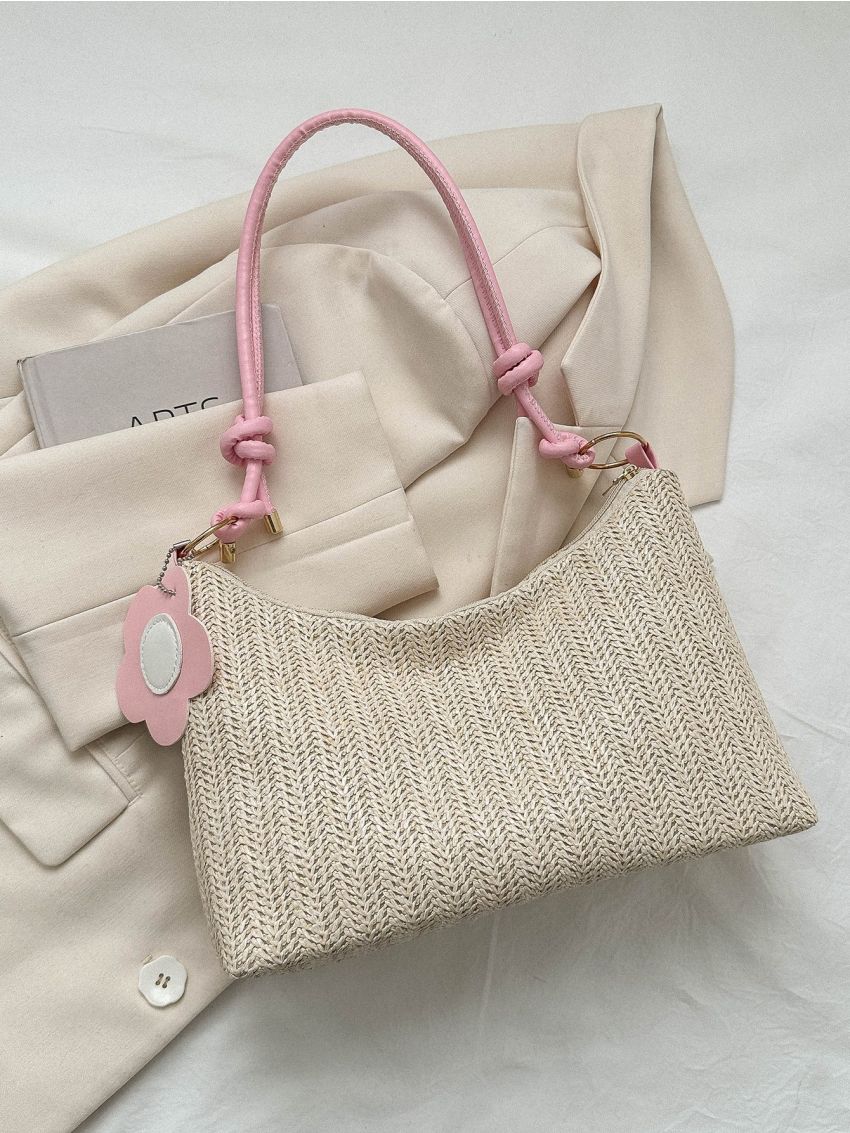 Zipper Straw Bag Vacation With Flower Bag Charm