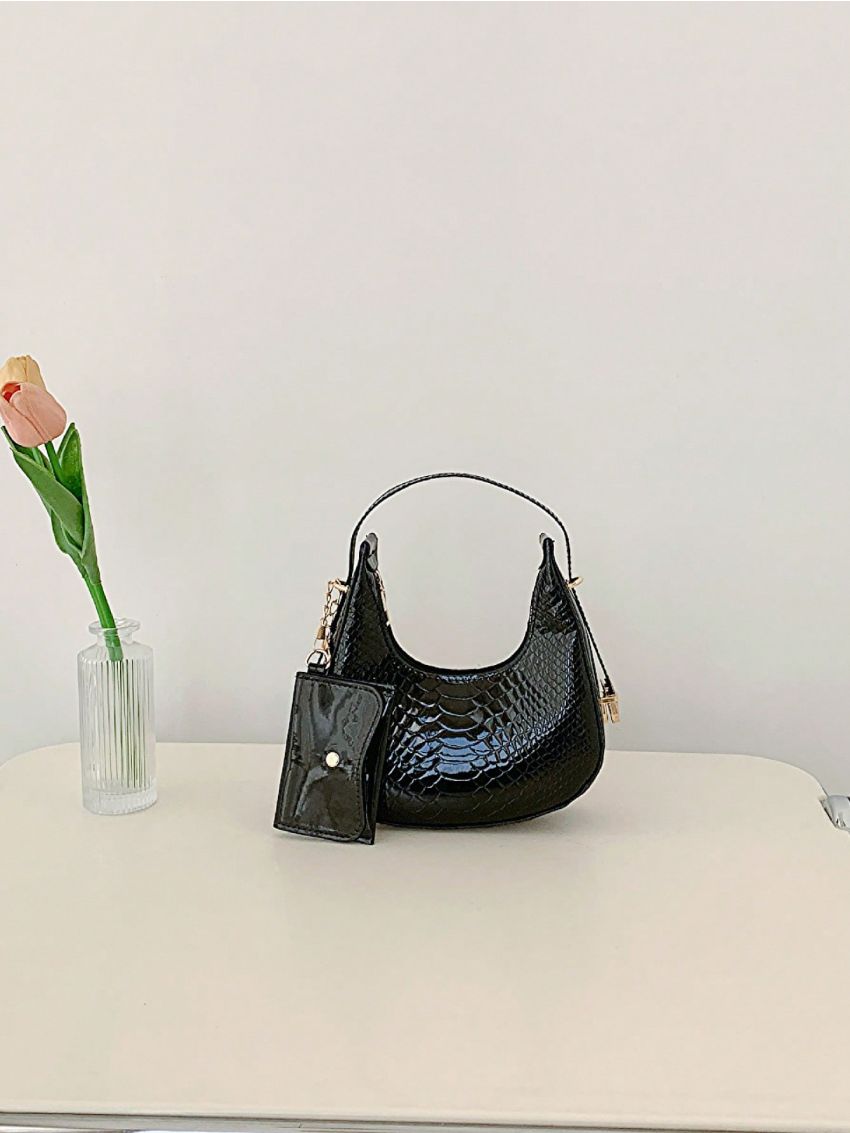 Snakeskin Embossed Hobo Bag With Small Pouch PU Black