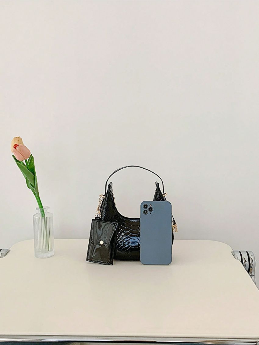 Snakeskin Embossed Hobo Bag With Small Pouch PU Black