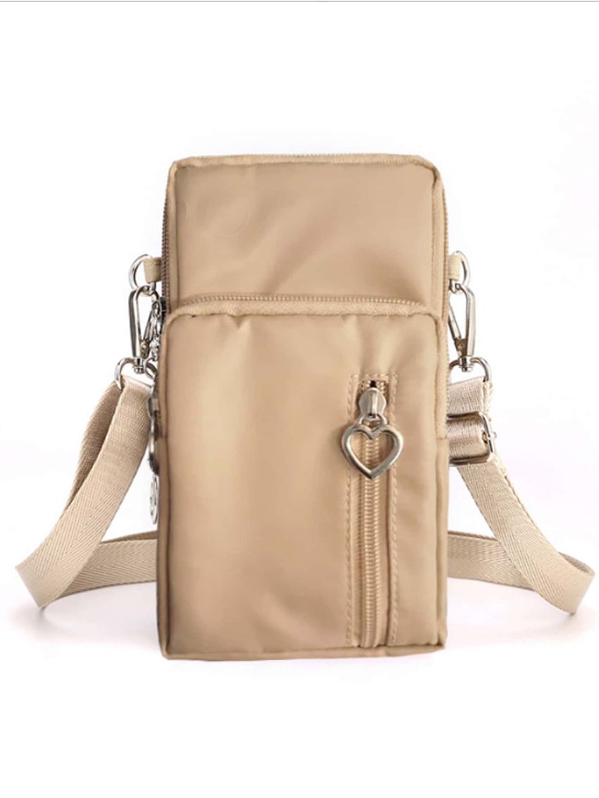 Heart Decor Zip Front Phone Wallet Khaki