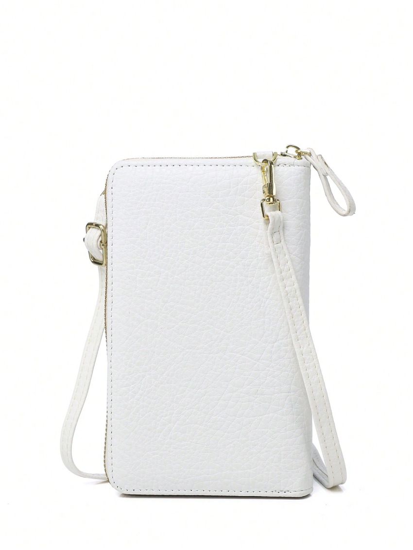 Litchi Embossed Phone Wallet Fashionable Buckle Decor Zipper PU