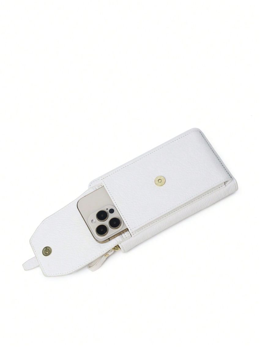 Litchi Embossed Phone Wallet Fashionable Buckle Decor Zipper PU