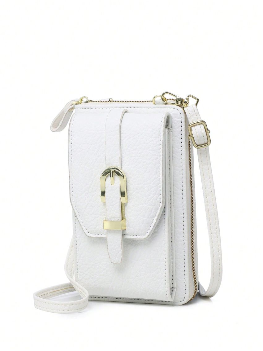 Litchi Embossed Phone Wallet Fashionable Buckle Decor Zipper PU