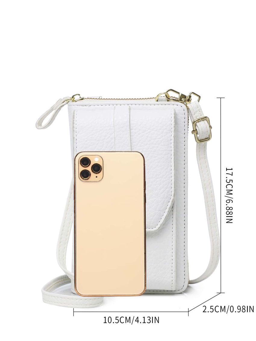 Litchi Embossed Phone Wallet Fashionable Buckle Decor Zipper PU