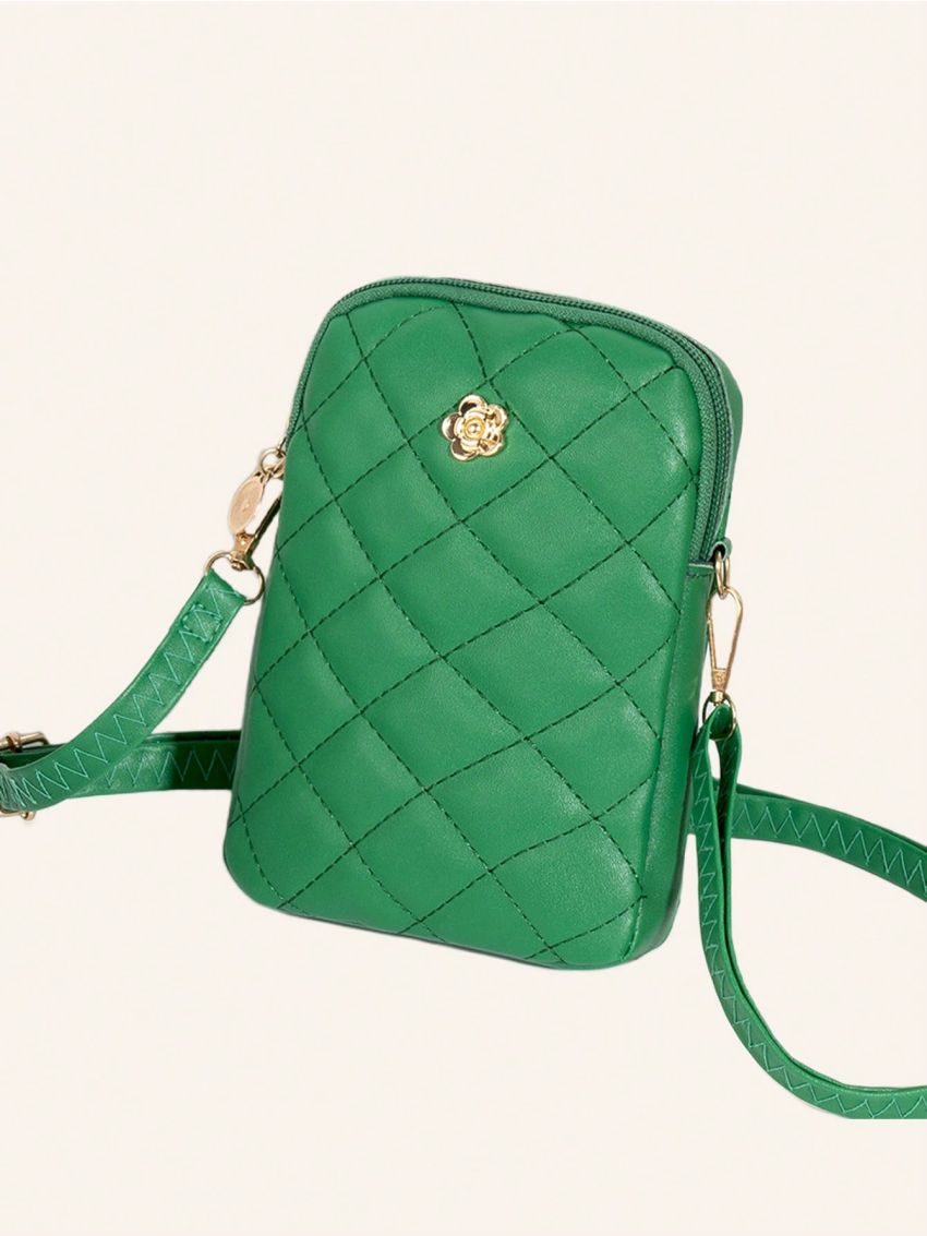 Flower Decor Phone Wallet Fashionable Argyle Quilted Zipper PU