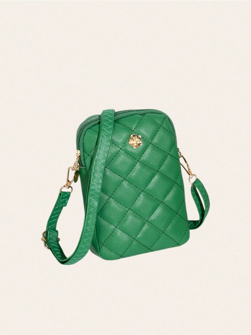 Flower Decor Phone Wallet Fashionable Argyle Quilted Zipper PU