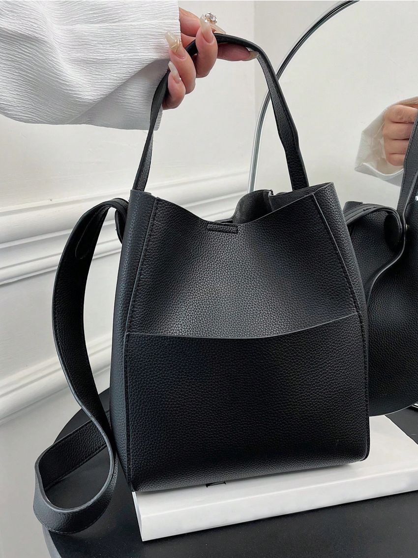 Litchi Embossed Bucket Bag With Inner Pouch Elegant Top Handle PU