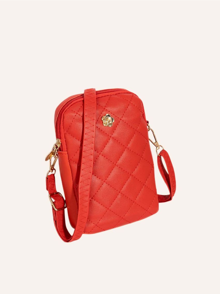 Flower Decor Phone Wallet Fashionable Argyle Quilted Zipper PU