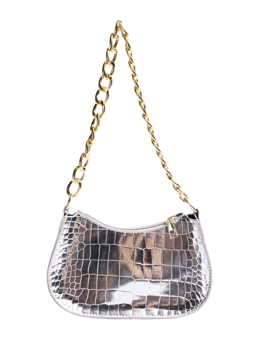 Crocodile Embossed Hobo Bag Funky Metallic Chain Zipper PU