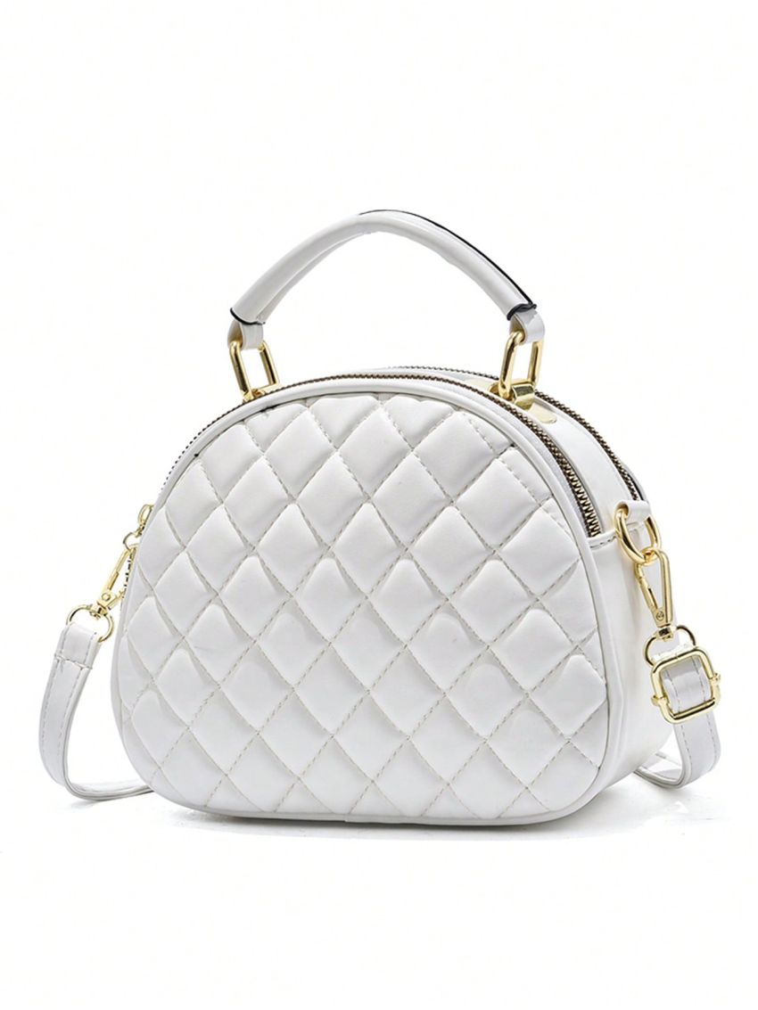 Mini Dome Bag Fashionable Metal Decor Argyle Quilted Top Handle PU