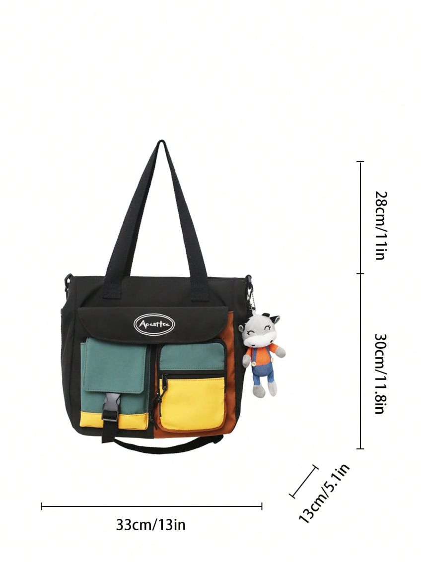 Color Block Shopper Bag With Cartoon Charm Preppy Letter Embroidered Release Buckle Decor Polyester