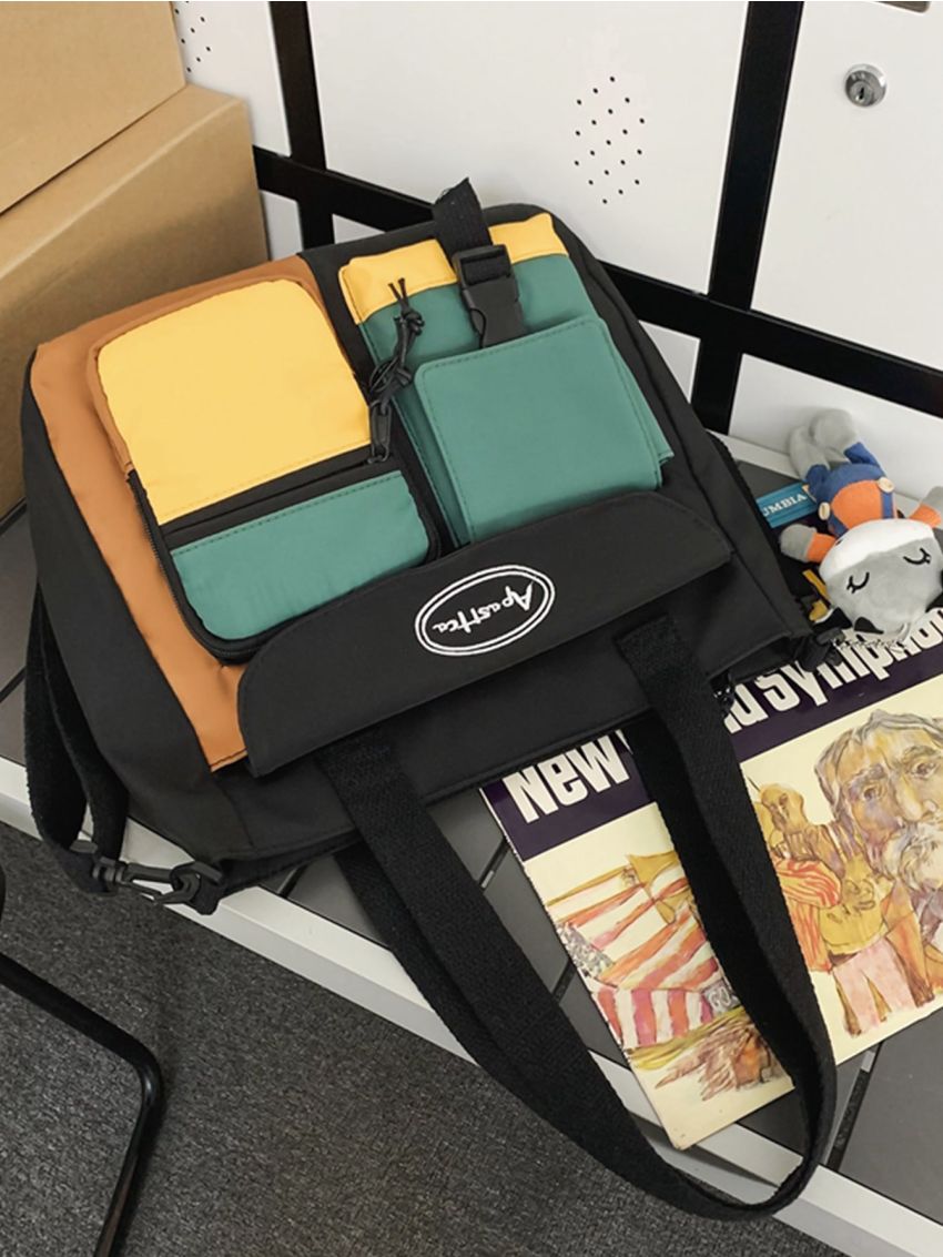 Color Block Shopper Bag With Cartoon Charm Preppy Letter Embroidered Release Buckle Decor Polyester