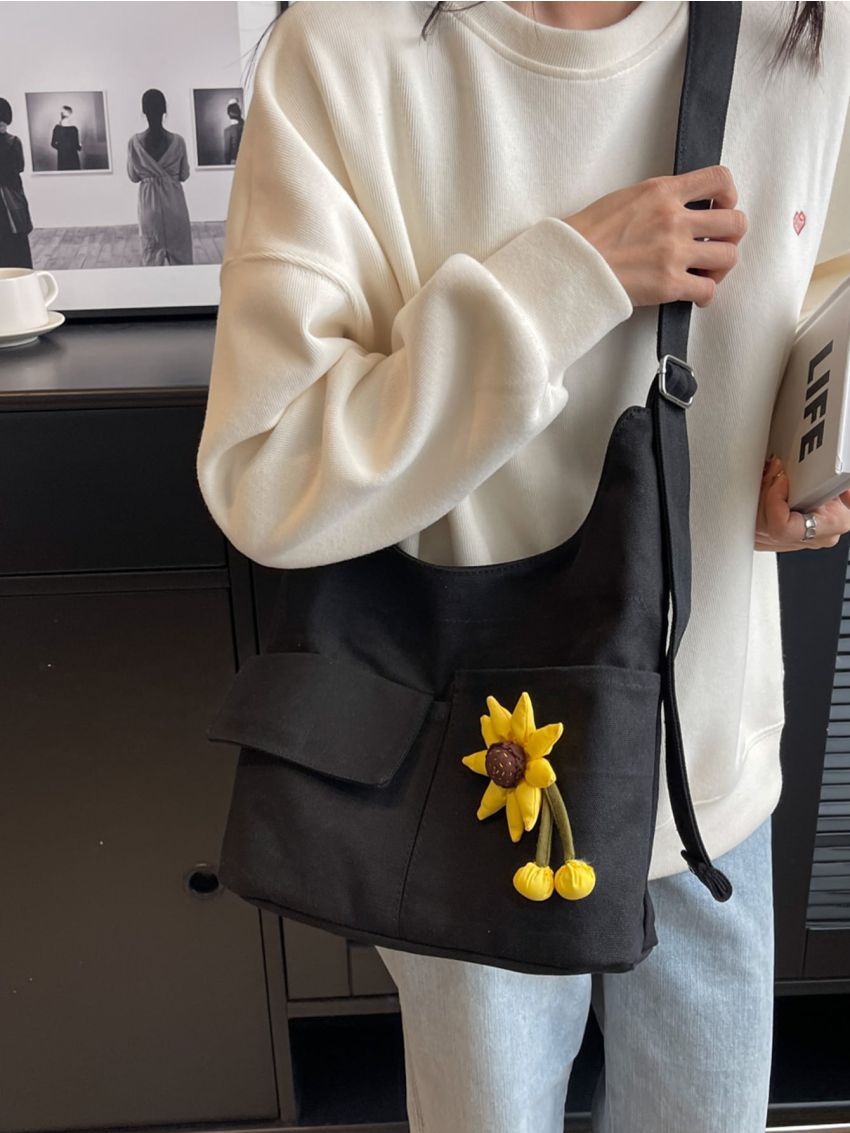 Flower Decor Hobo Bag Casual Adjustable Strap Polyester