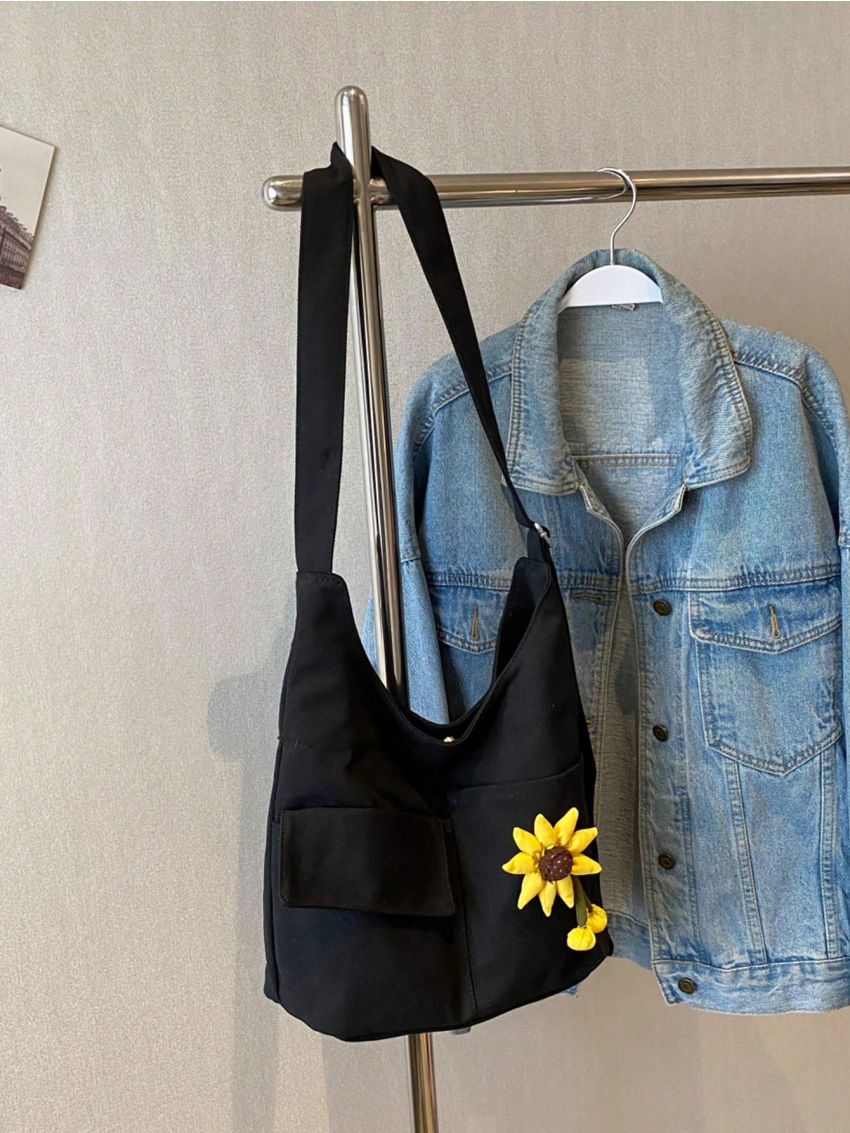 Flower Decor Hobo Bag Casual Adjustable Strap Polyester