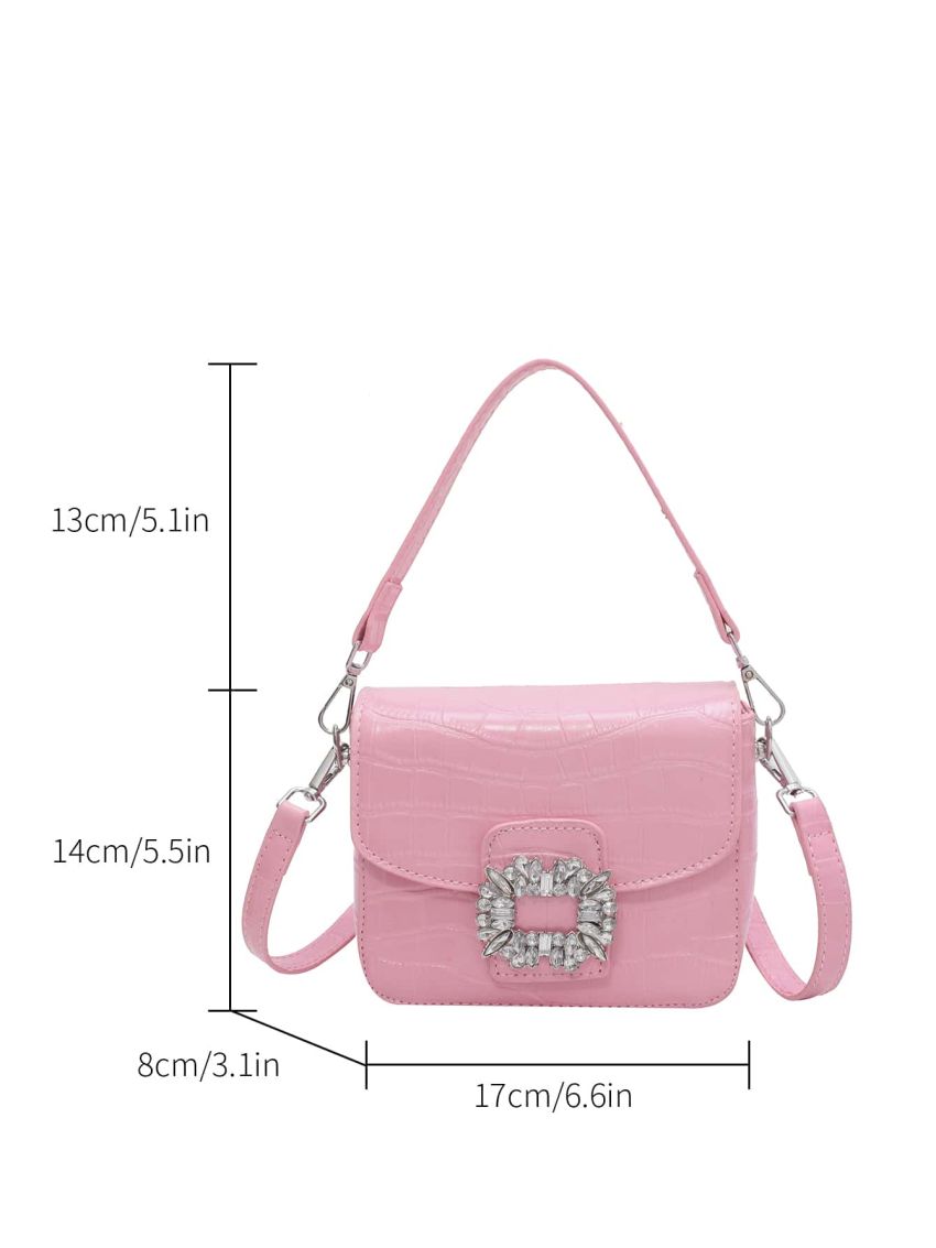 Mini Square Bag Fashionable Crocodile Embossed Rhinestone Decor Top Handle Flap PU