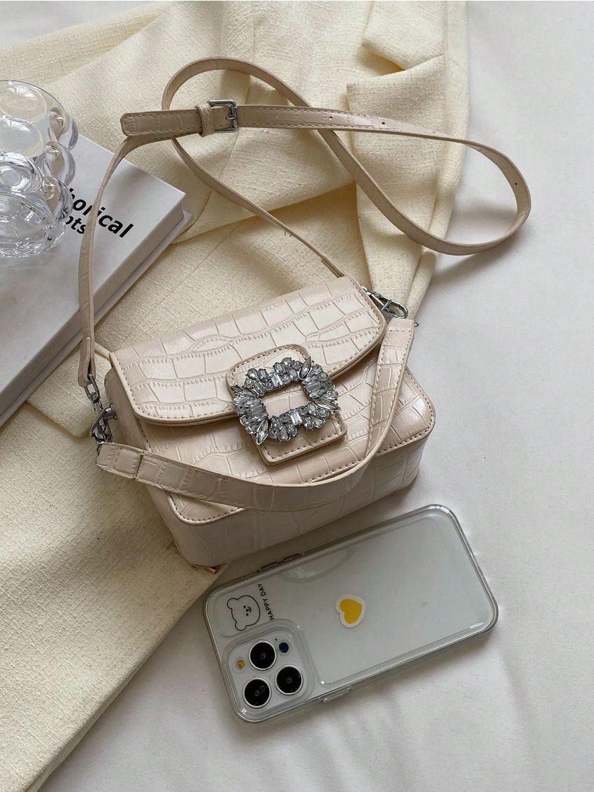 Mini Square Bag Fashionable Crocodile Embossed Rhinestone Decor Flap Top Handle PU