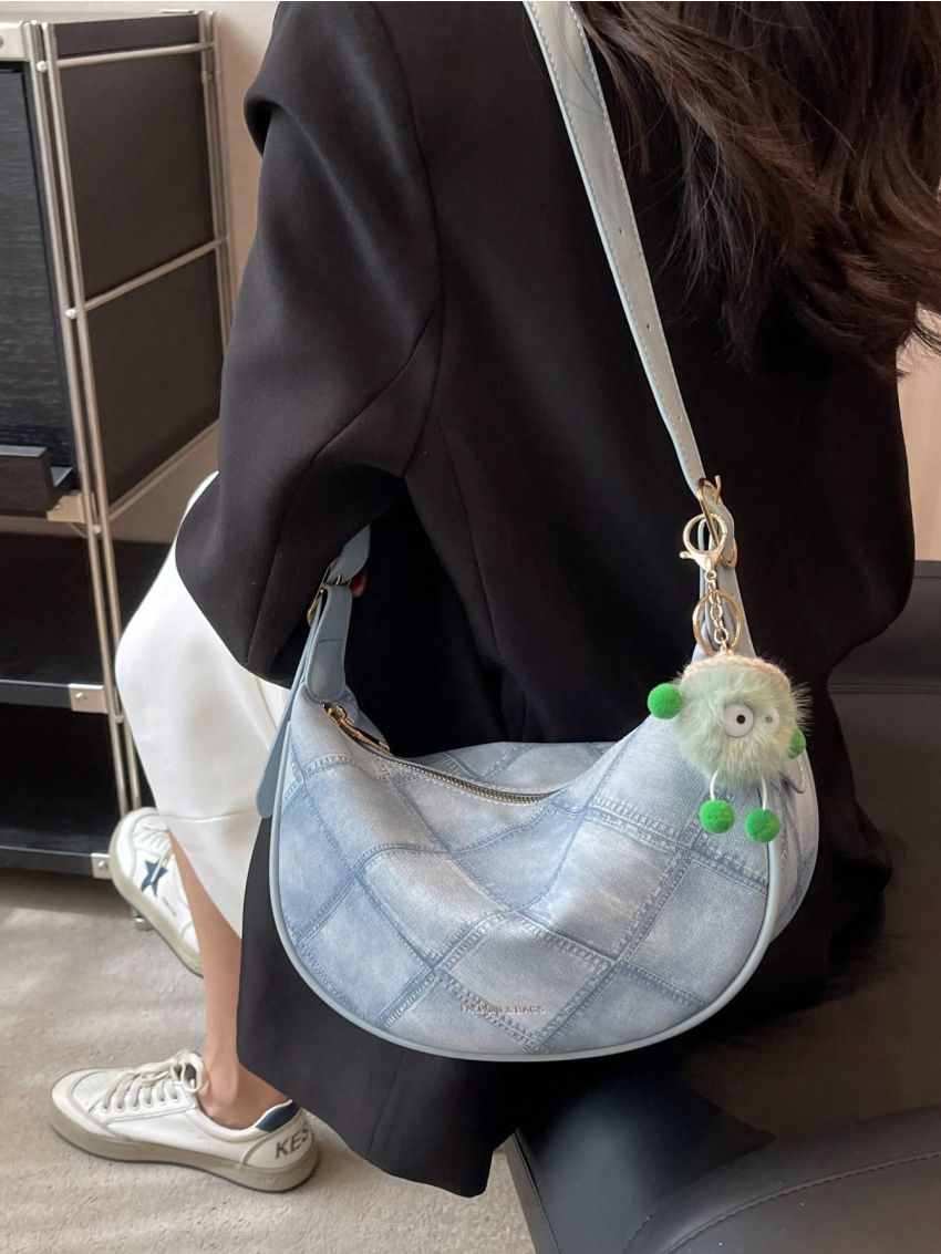 Plaid Pattern Hobo Bag With Pompom Charm Fashionable Zipper PU