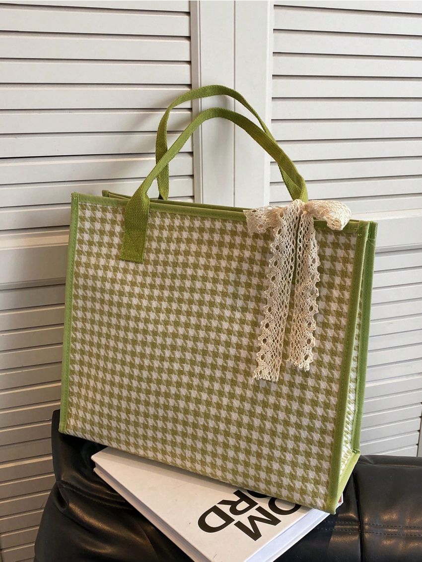 Medium Shoulder Tote Bag Houndstooth Bow Decor For Daily
