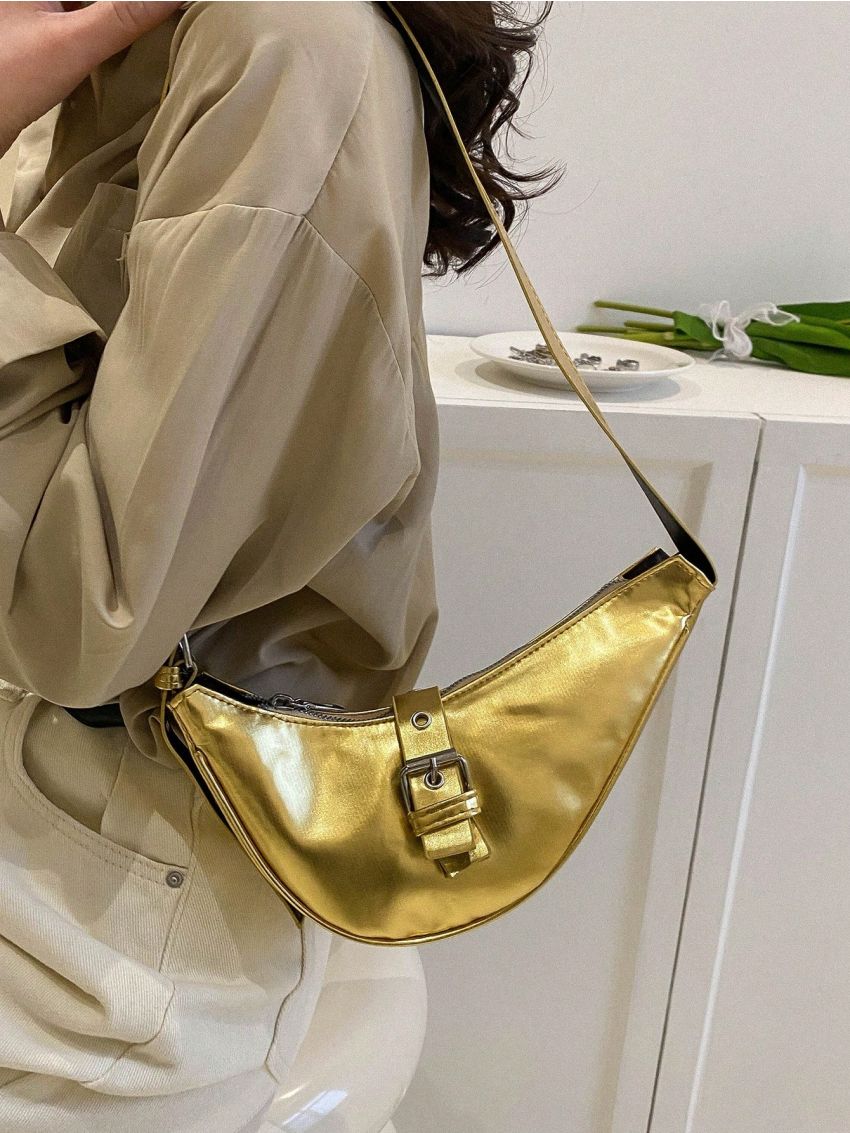 Medium Novelty Bag Green Buckle Decor Adjustable Strap