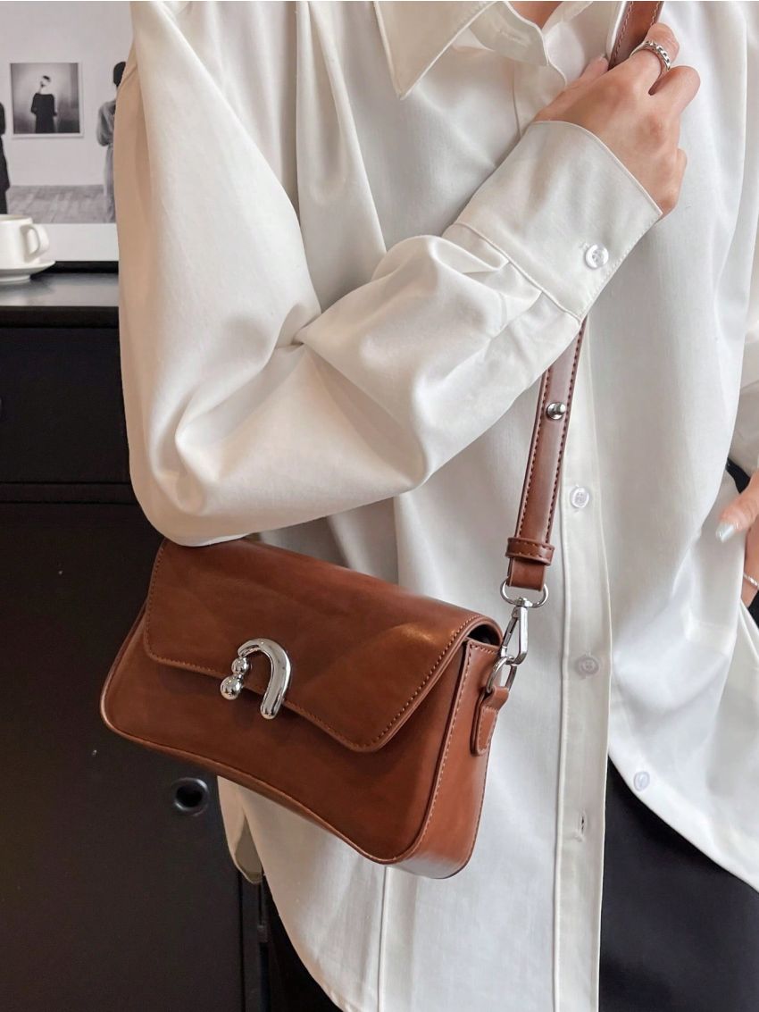 Small Square Bag Brown Metal Decor Flap For Daily