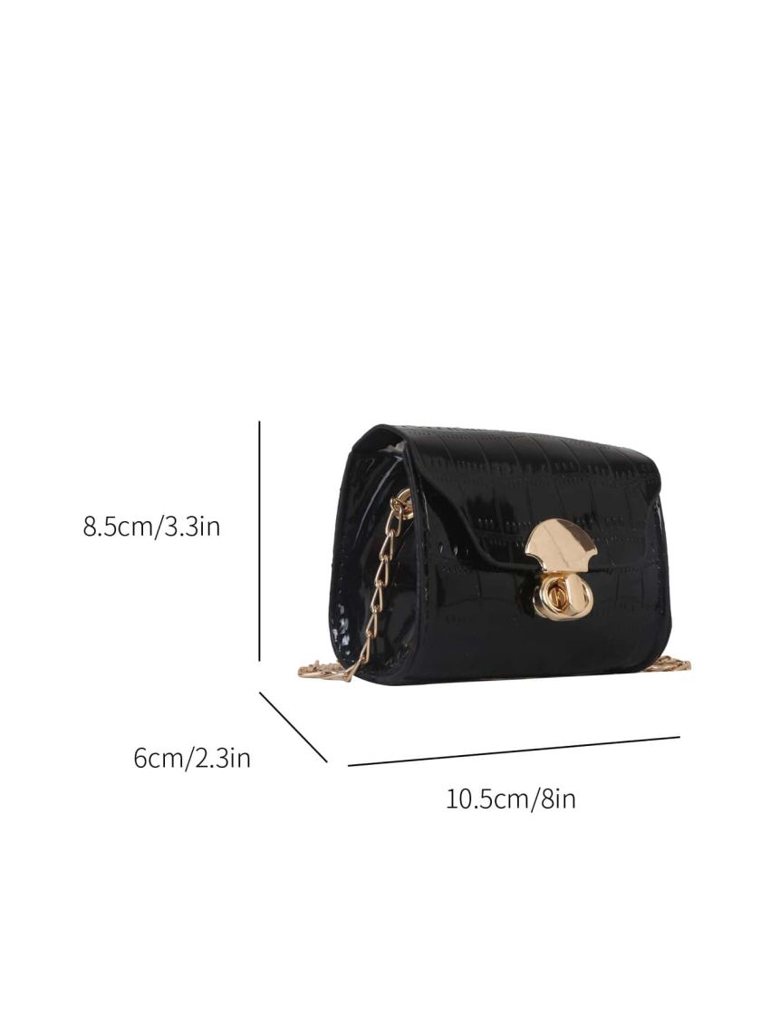 Mini Crocodile Embossed Square Bag Black Metal Decor Chain Strap For Daily