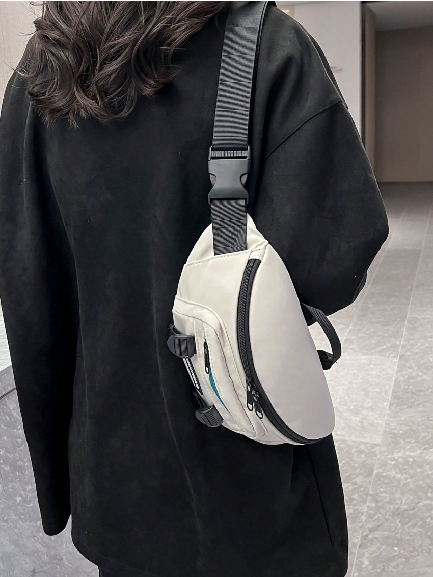 Letter Patch Sling Bag Beige Pocket Front Adjustable Strap For Daily