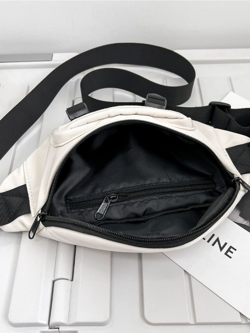 Letter Patch Sling Bag Beige Pocket Front Adjustable Strap For Daily