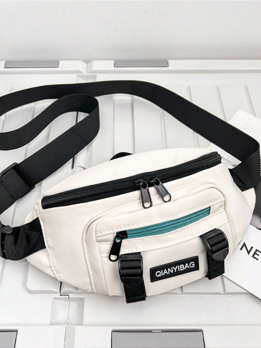 Letter Patch Sling Bag Beige Pocket Front Adjustable Strap For Daily