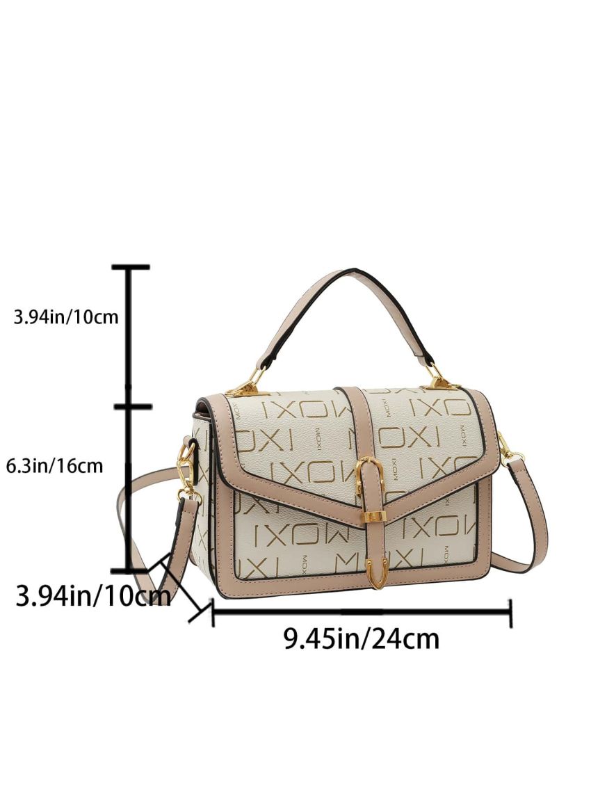 Small Square Bag Letter Pattern Colorblock Buckle Decor For Work