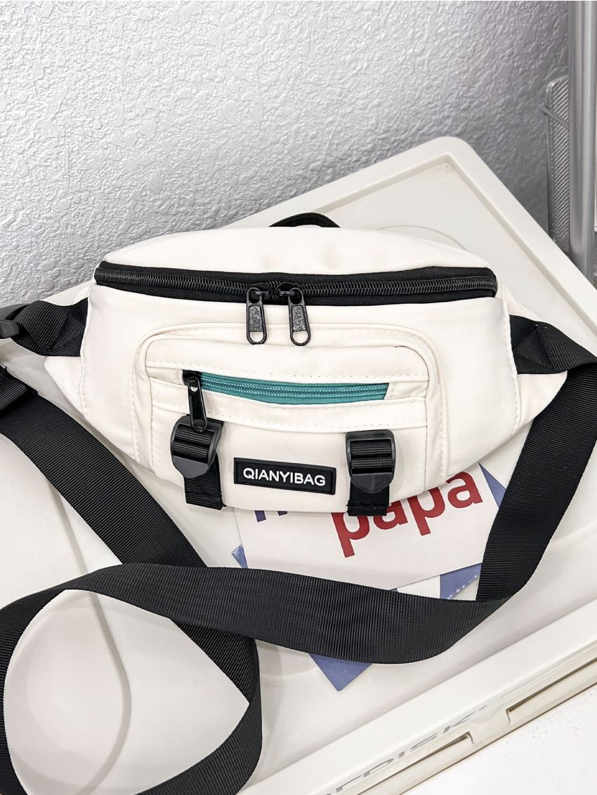 Letter Patch Sling Bag Beige Pocket Front Adjustable Strap For Daily