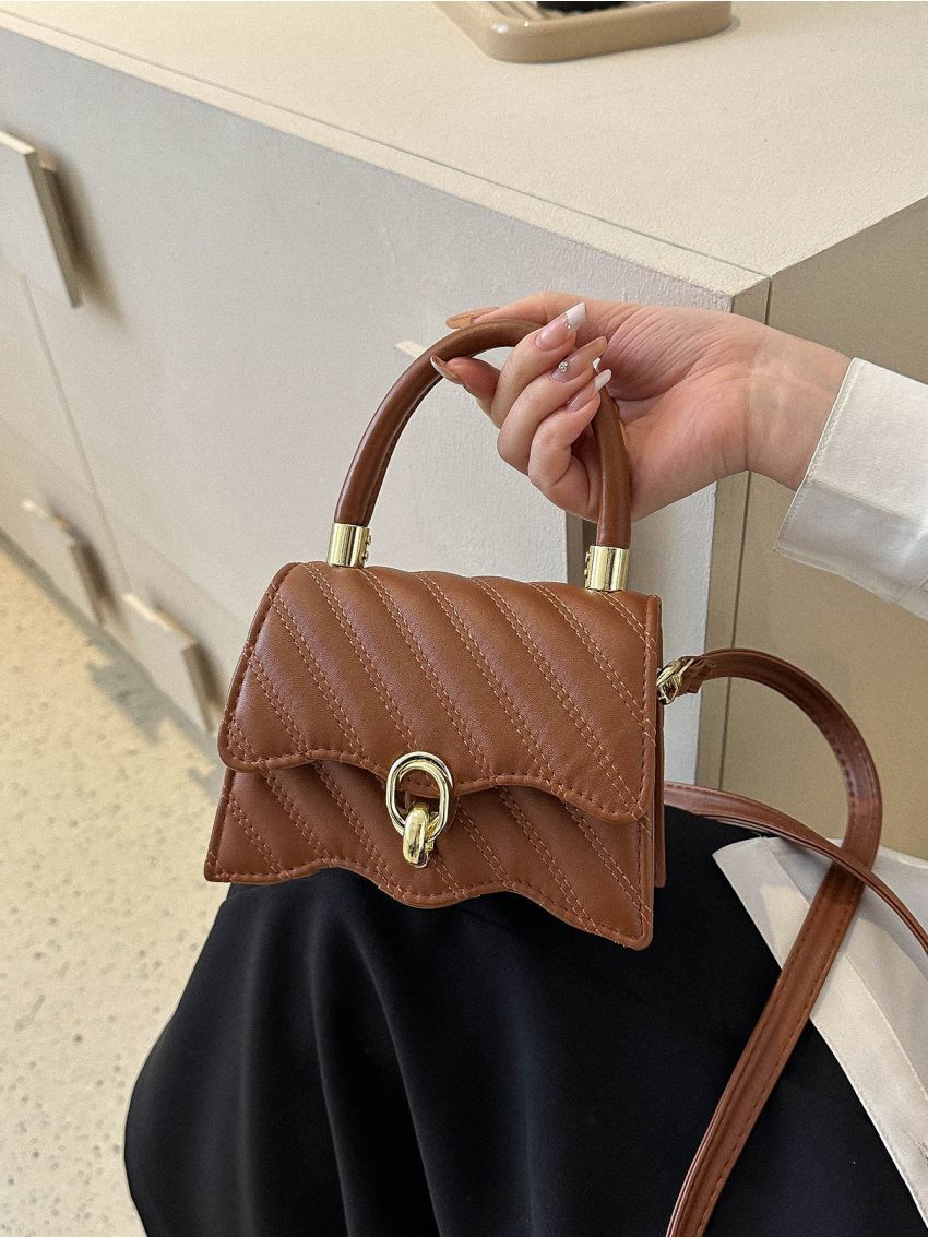 Mini Square Bag Metal Decor Scallop Detail Top Handle For Daily