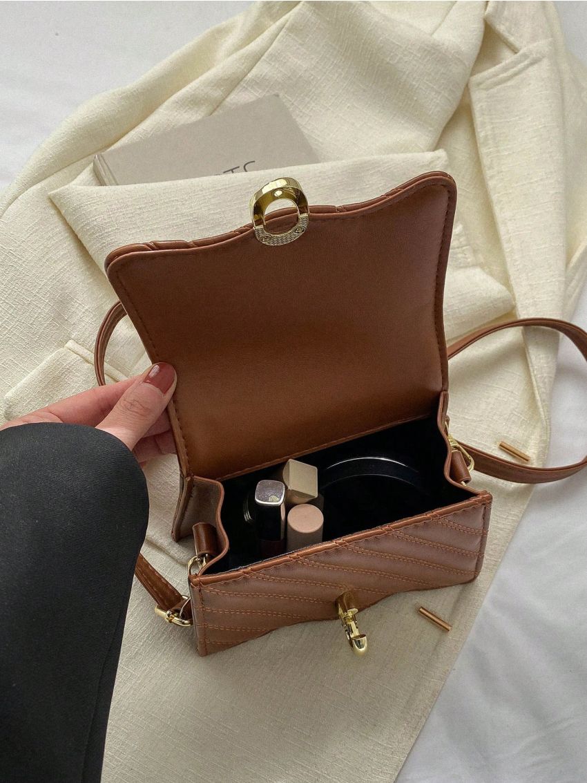 Mini Square Bag Metal Decor Scallop Detail Top Handle For Daily