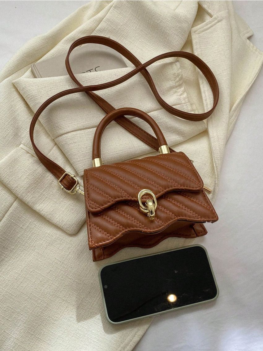 Mini Square Bag Metal Decor Scallop Detail Top Handle For Daily