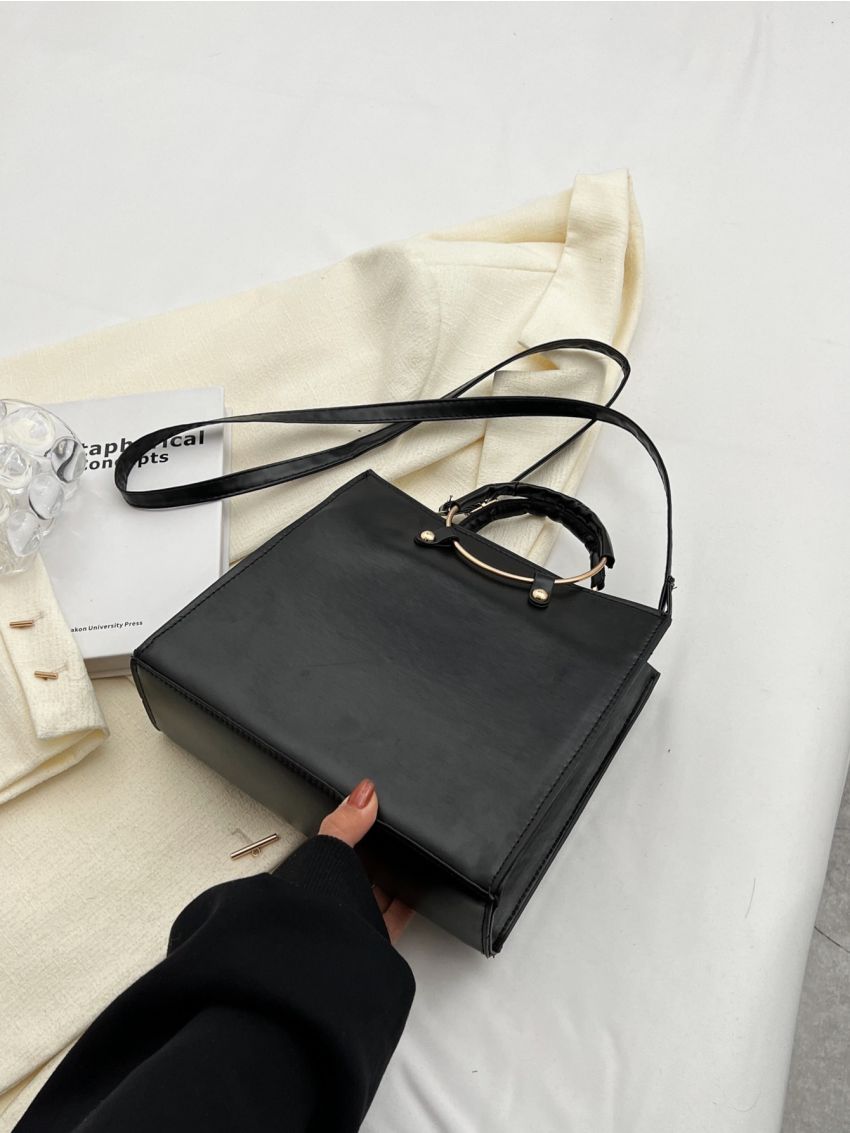 Black Square Bag Minimalist Ring Strap For Work