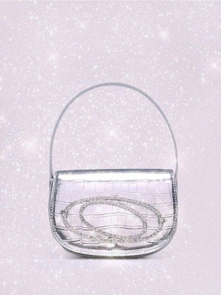 Mini Crocodile Embossed Saddle Bag Silver Rhinestone Decor Top Handle