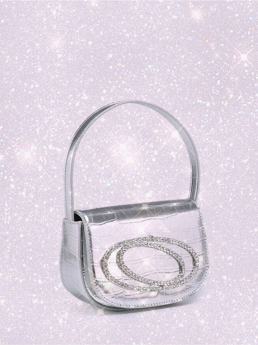 Mini Crocodile Embossed Saddle Bag Silver Rhinestone Decor Top Handle