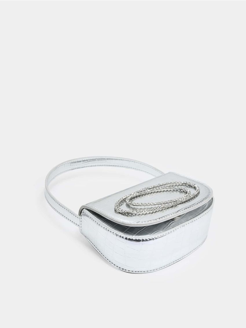 Mini Crocodile Embossed Saddle Bag Silver Rhinestone Decor Top Handle