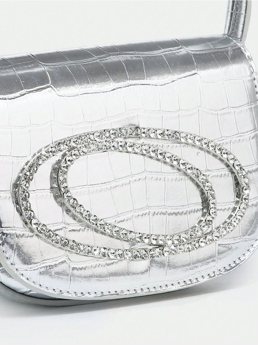 Mini Crocodile Embossed Saddle Bag Silver Rhinestone Decor Top Handle
