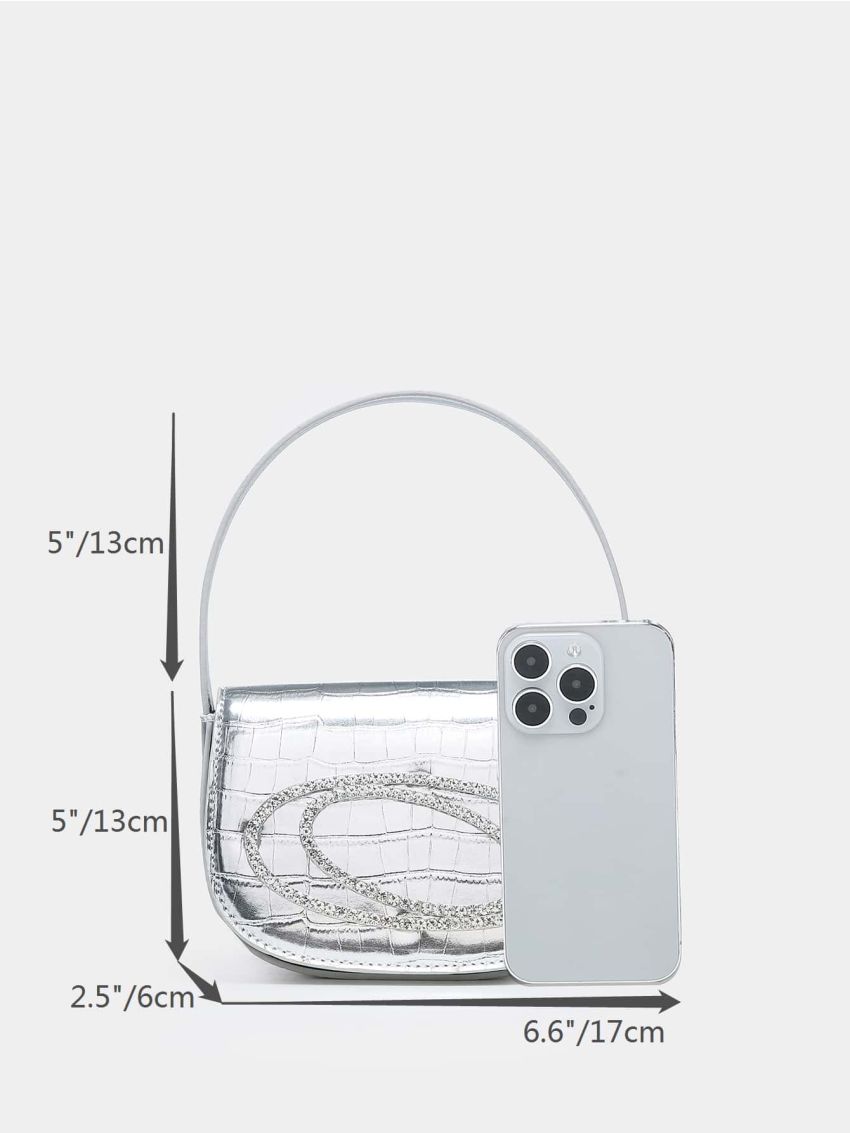 Mini Crocodile Embossed Saddle Bag Silver Rhinestone Decor Top Handle