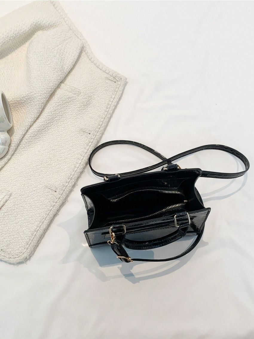 Crocodile Embossed Square Bag Black Zipper Front Decor For Daily