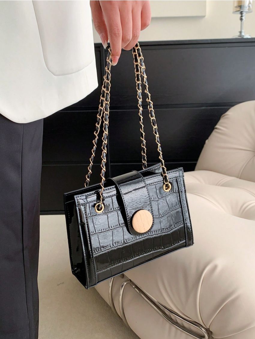 Crocodile Embossed Square Bag Black Chain Strap For Daily