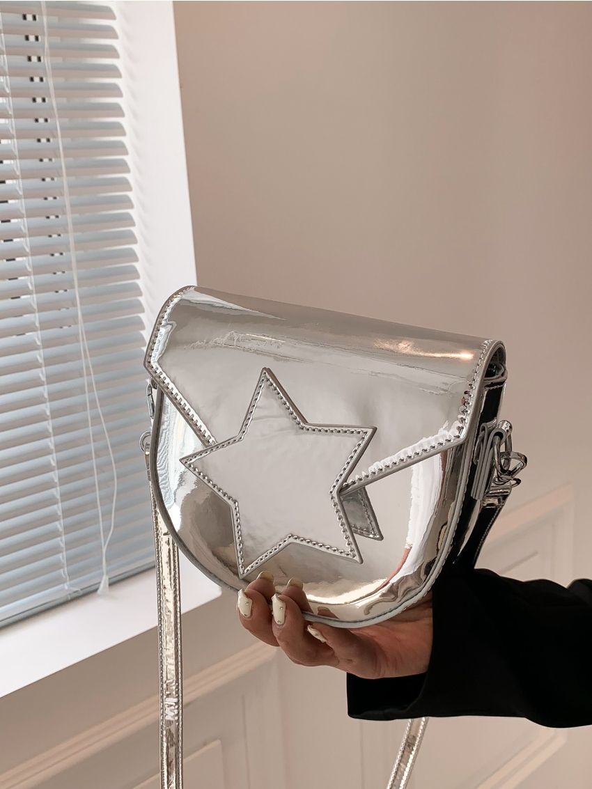 Mini Saddle Bag Star Decor Gold Flap Adjustable Strap