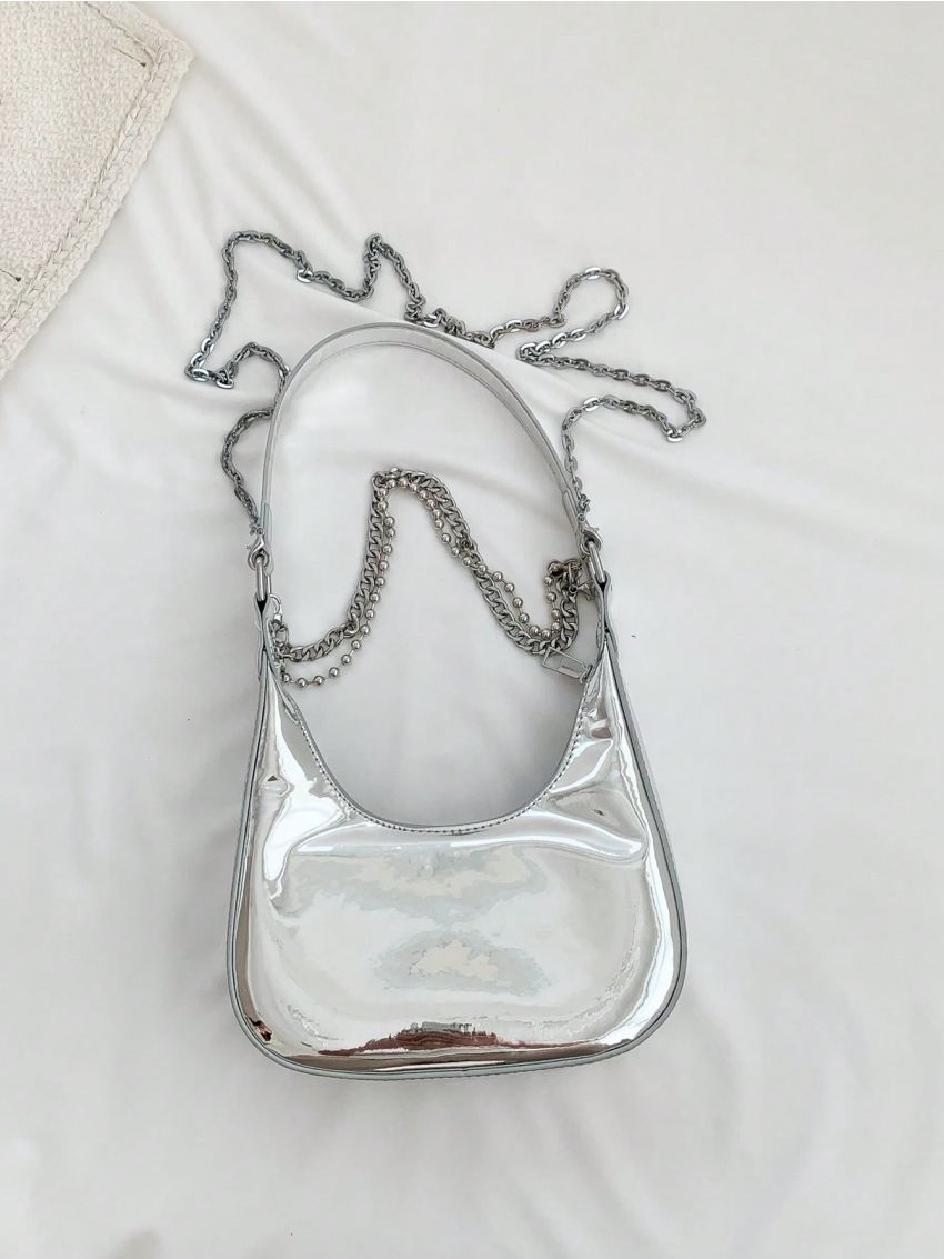 Crocodile Embossed Hobo Bag Chain With Zipper Metallic PU Funky