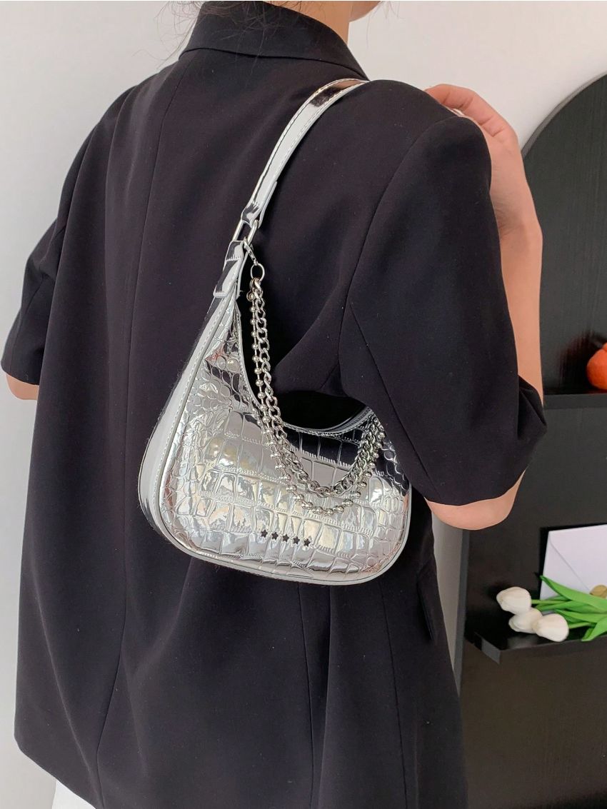 Crocodile Embossed Hobo Bag Chain With Zipper Metallic PU Funky