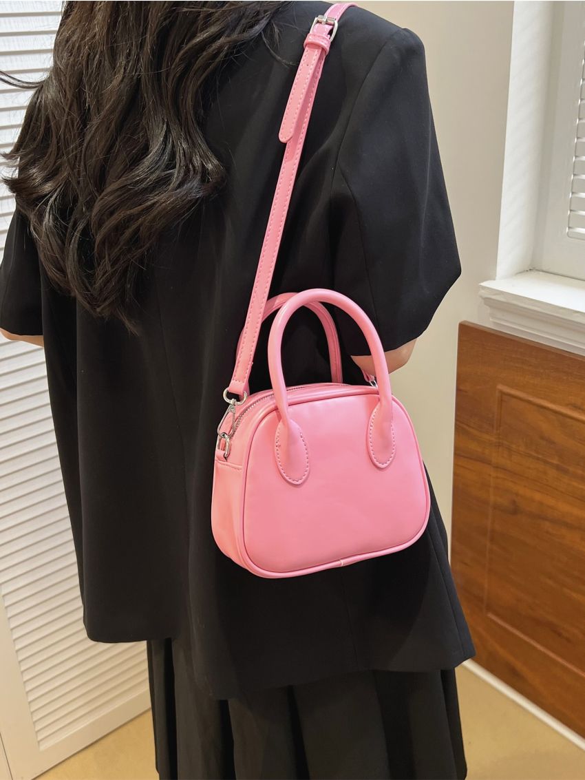 Mini Square Bag Minimalist Pink Double Handle Zipper PU