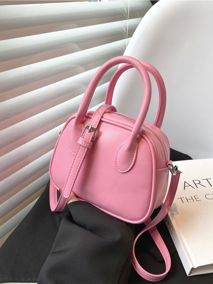 Mini Square Bag Minimalist Pink Double Handle Zipper PU
