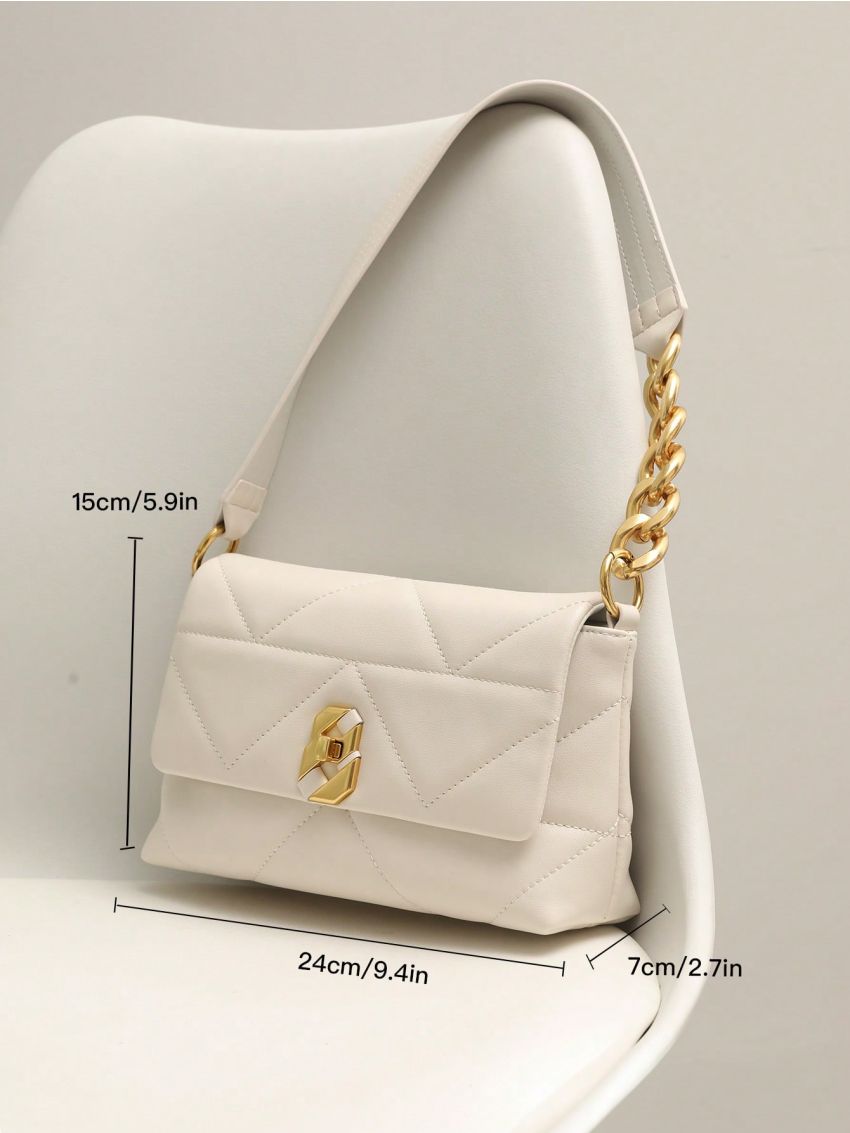 Genuine Leather Medium Square Bag Beige Quilted Flap For Work