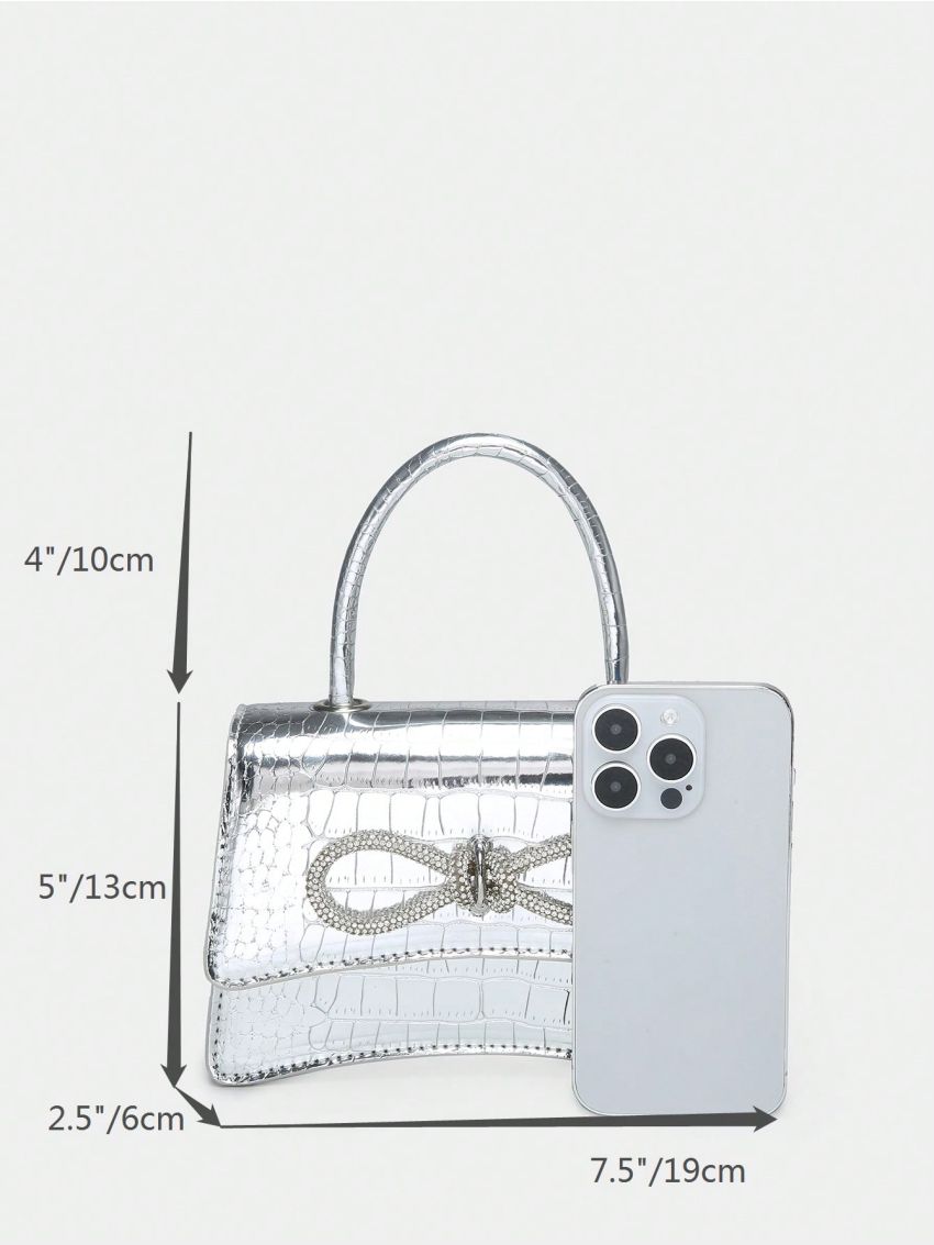 Mini Square Bag Funky Metallic Crocodile Embossed Rhinestone & Bow Decor Flap PU