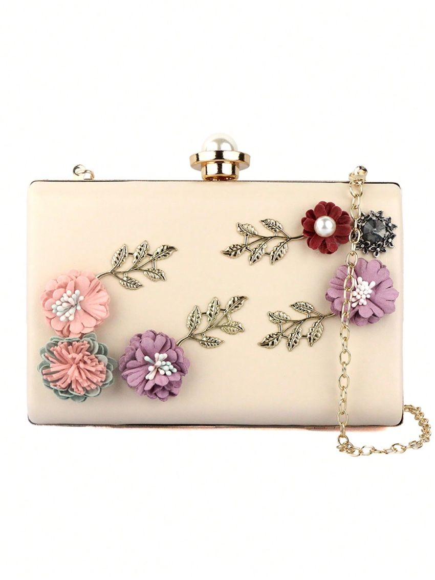 Mini Box Bag Fashionable Faux Pearl & Flower Decor Chain PU For Party